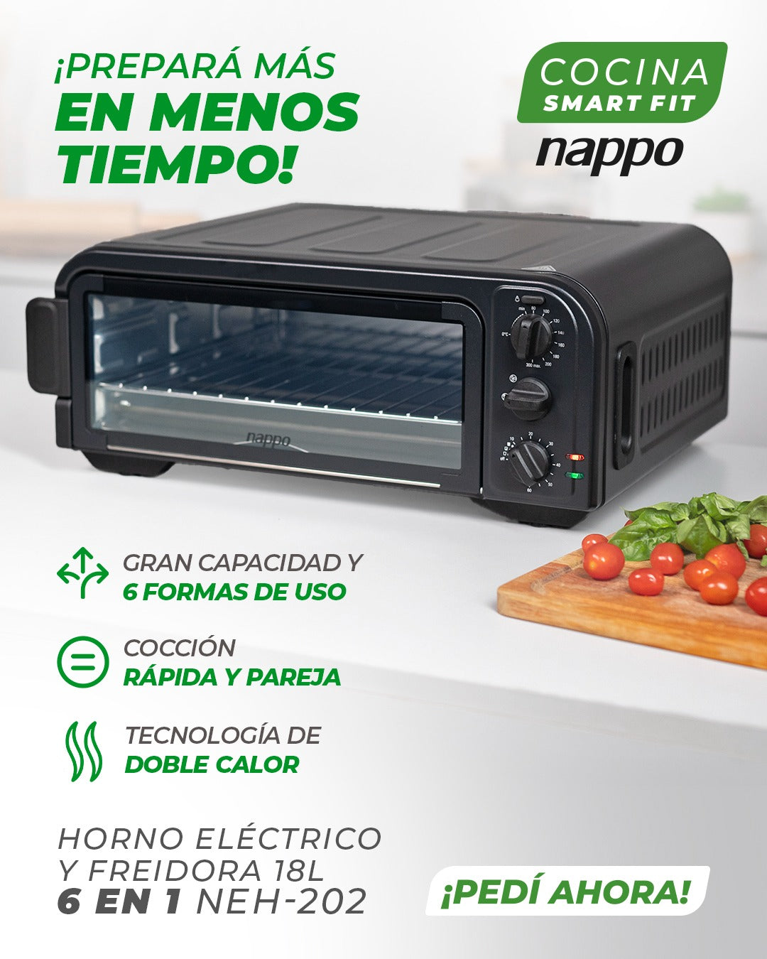 HORNO ELECTRICO Y FREIDORA NAPPO 18L 6 EN 1