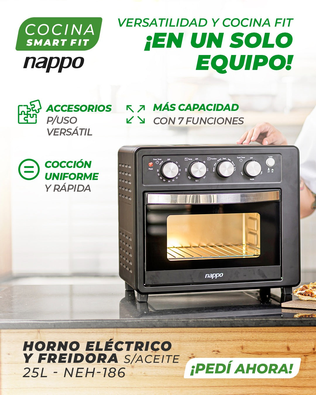 HORNO ELECTRICO Y FREIDORA SIN ACEITE 25L NAPPO