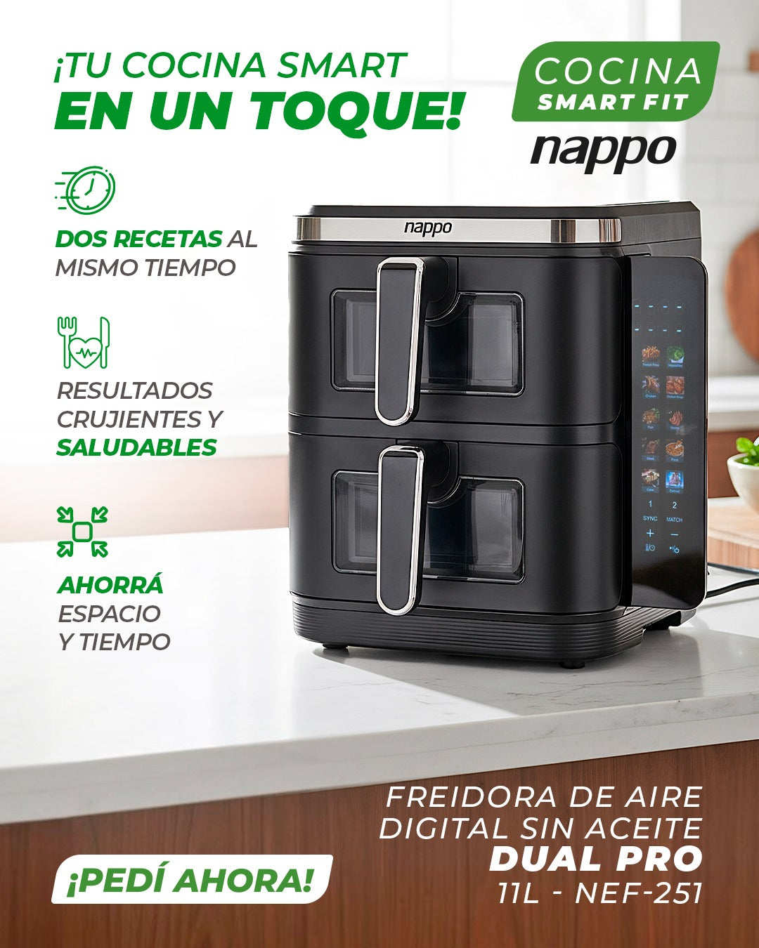 FREIDORA DIGITAL NAPPO SIN ACEITE DOBLE VERTICAL DUAL PRO 11L