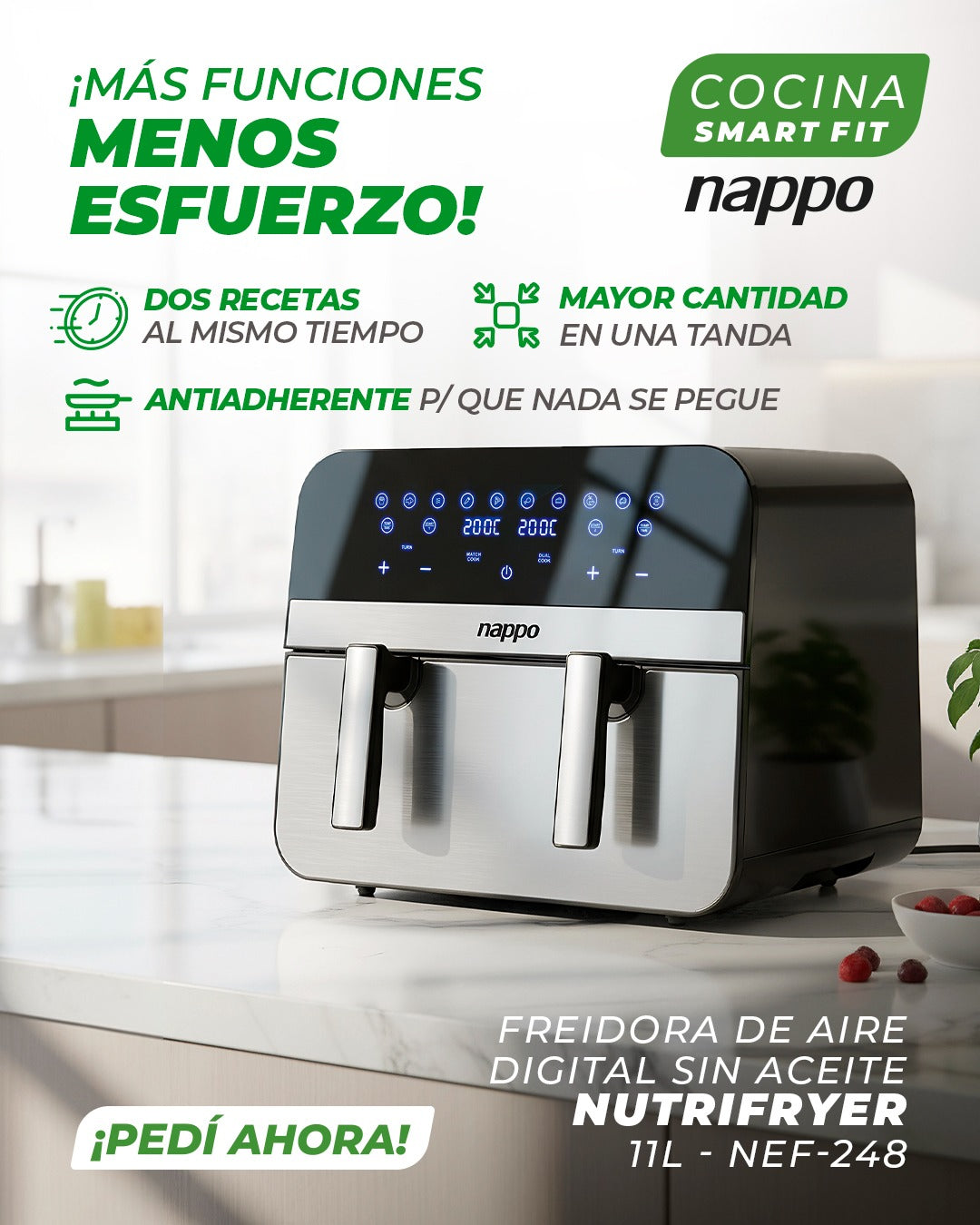 FREIDORA DIGITAL NAPPO SIN ACEITE DOBLE NUTRIFRYER 11L