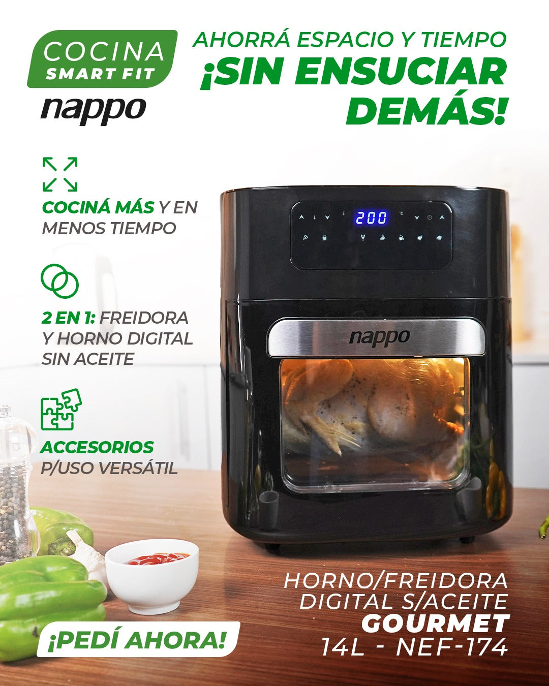 HORNO FREIDORA S/ACEITE DIGITAL GOURMET 14L