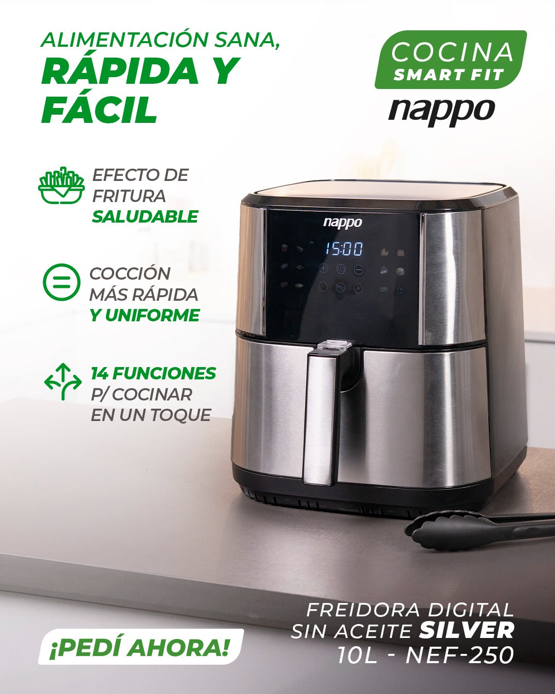 FREIDORA DIGITAL SIN ACEITE NAPPO SILVER 10L