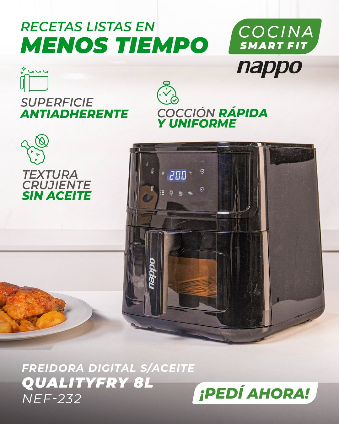 FREIDORA DIGITAL NAPPO SIN ACEITE QUALITYFRY 8L